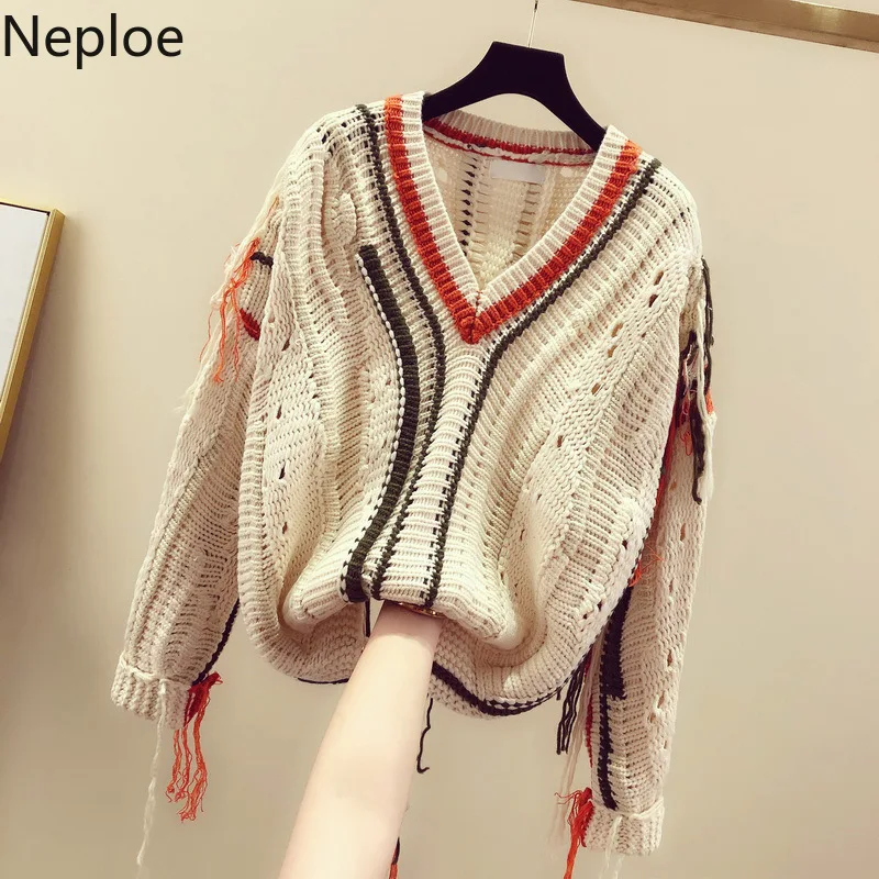Neploe, корейский дизайн, v-образный вырез, пэчворк, толстый, Pull Femme, Elagant, вязаный свитер с кисточками, женский осенне-зимний пуловер, 46473