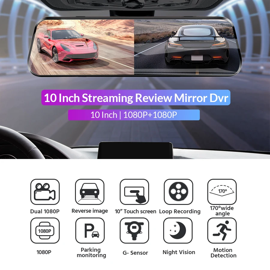Зеркало заднего вида E-ACE видеорегистратор с камерой 10 0 дюйма FHD 1080P двойным