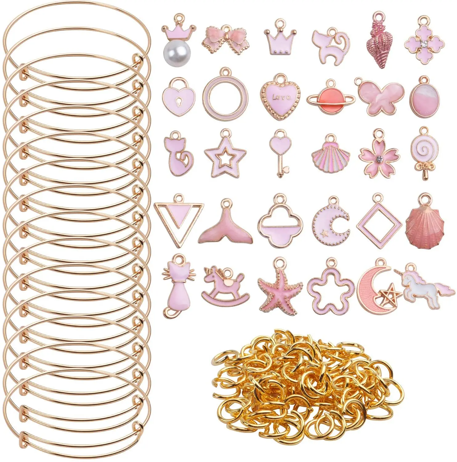 

10pcs Expandable Bangle Bracelet Adjustable Blank Bangles with 30pcs Cute Enamel Charms and 50pcs Open Jump Rings,Gold