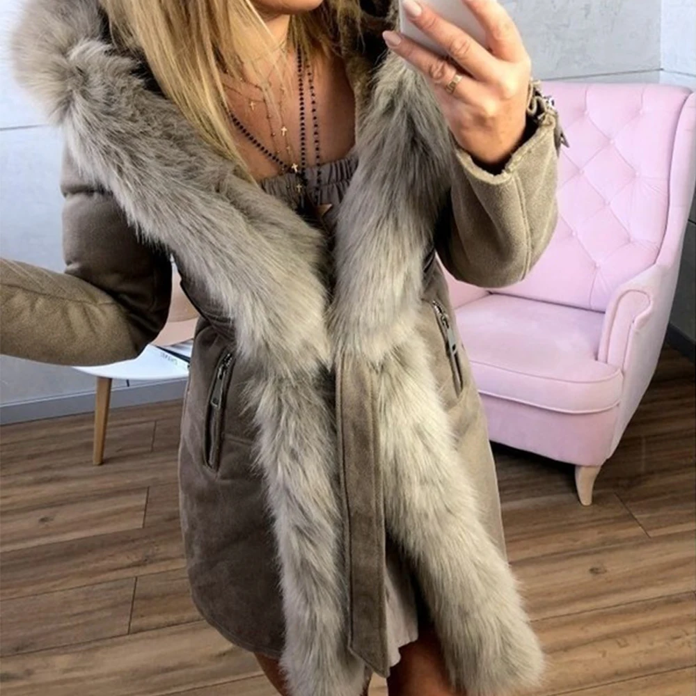 

Fur Winter Warm Hooded Long Jacket Slim Fit Belt Parka Jacket 2020 Feminino Chaqueta Mujer Hoody Fashion Streetwear