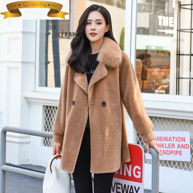 

Зимняя Новинка Осень 2021 натуральное меховое пальто женская одежда с воротником из лисьего меха Длинная шерстяная куртка в Корейском стиле ...