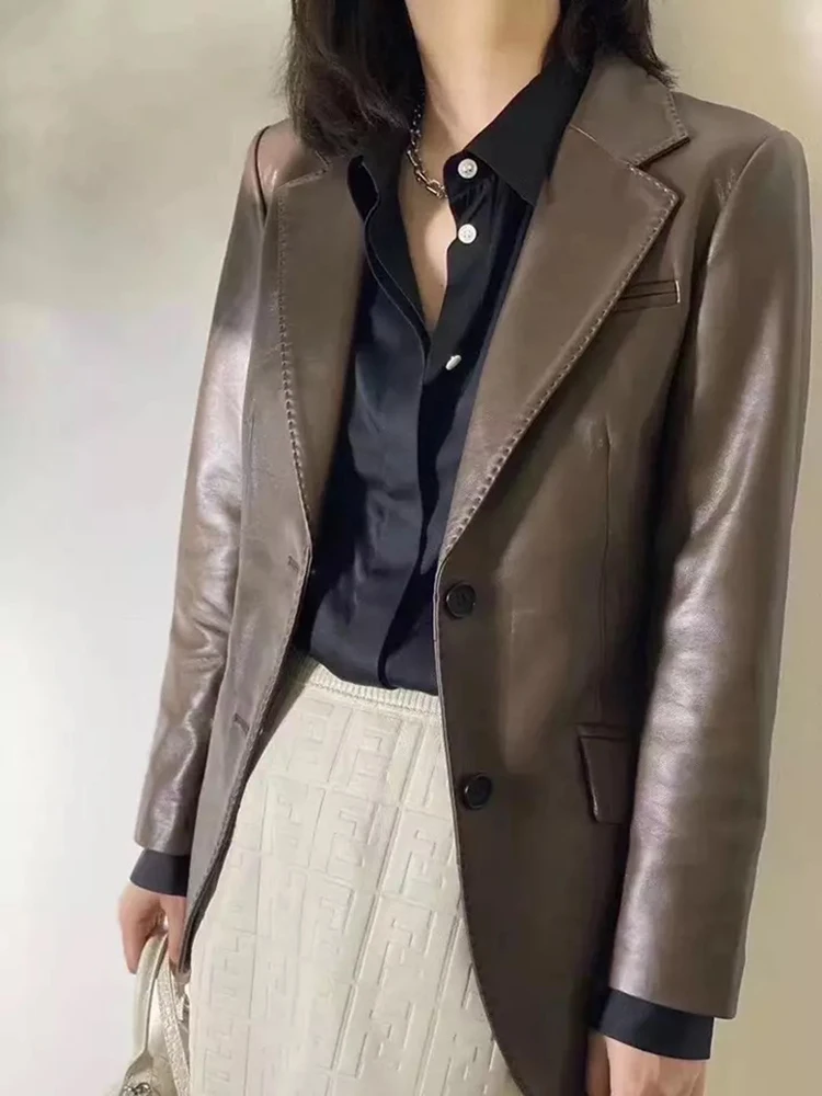 Hot Sale High Quality Spring Autumn Office Lady Thin Real Sheepskin Leather Women Slim Genuine Leather Coat