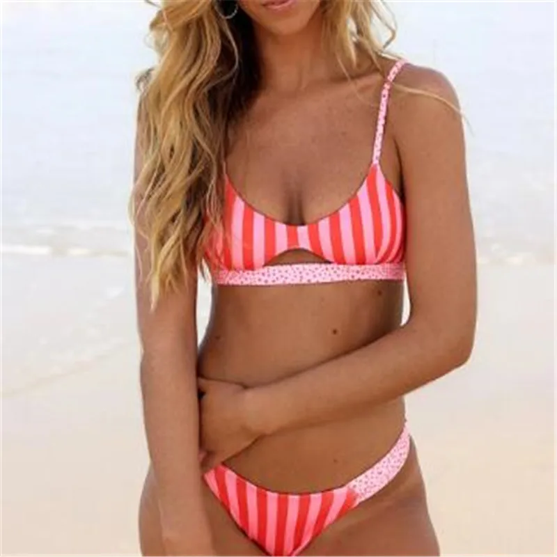 

Sexy Stripe Push Up Swimsuit Women Hollow Out Bikini Set 2020 New Swimwear Dot Bathing Suits Print Biquinis Thong Bikini