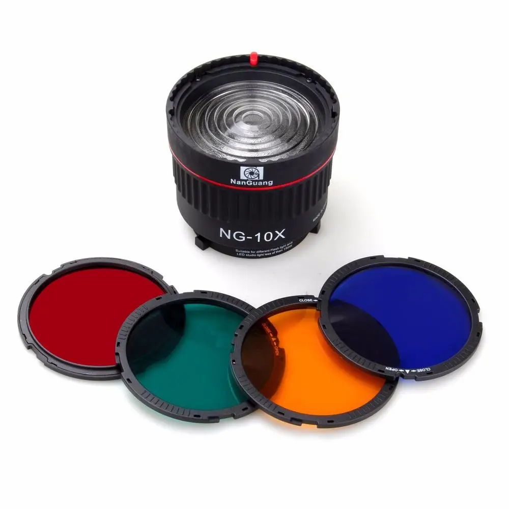 

Nanguang NG-10X Studio Light Focus Lens Bowen Mount For Flash & Led Light With 4 Color Filter