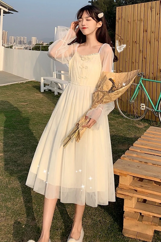 

Cutout Long-Sleeved Dress Women's Autumn French Square Collar Lace Frog Mesh kawaii clothing sweet lolita dress renaissance