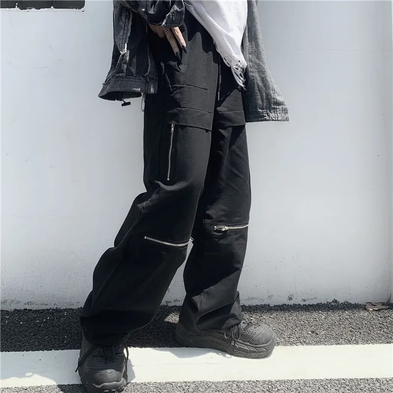 

Oversized Harem Pants Zipper Pockets Solid Black White Cargo Pants Streetwear Punk Hip Hop Trousers Loose Wide Legs