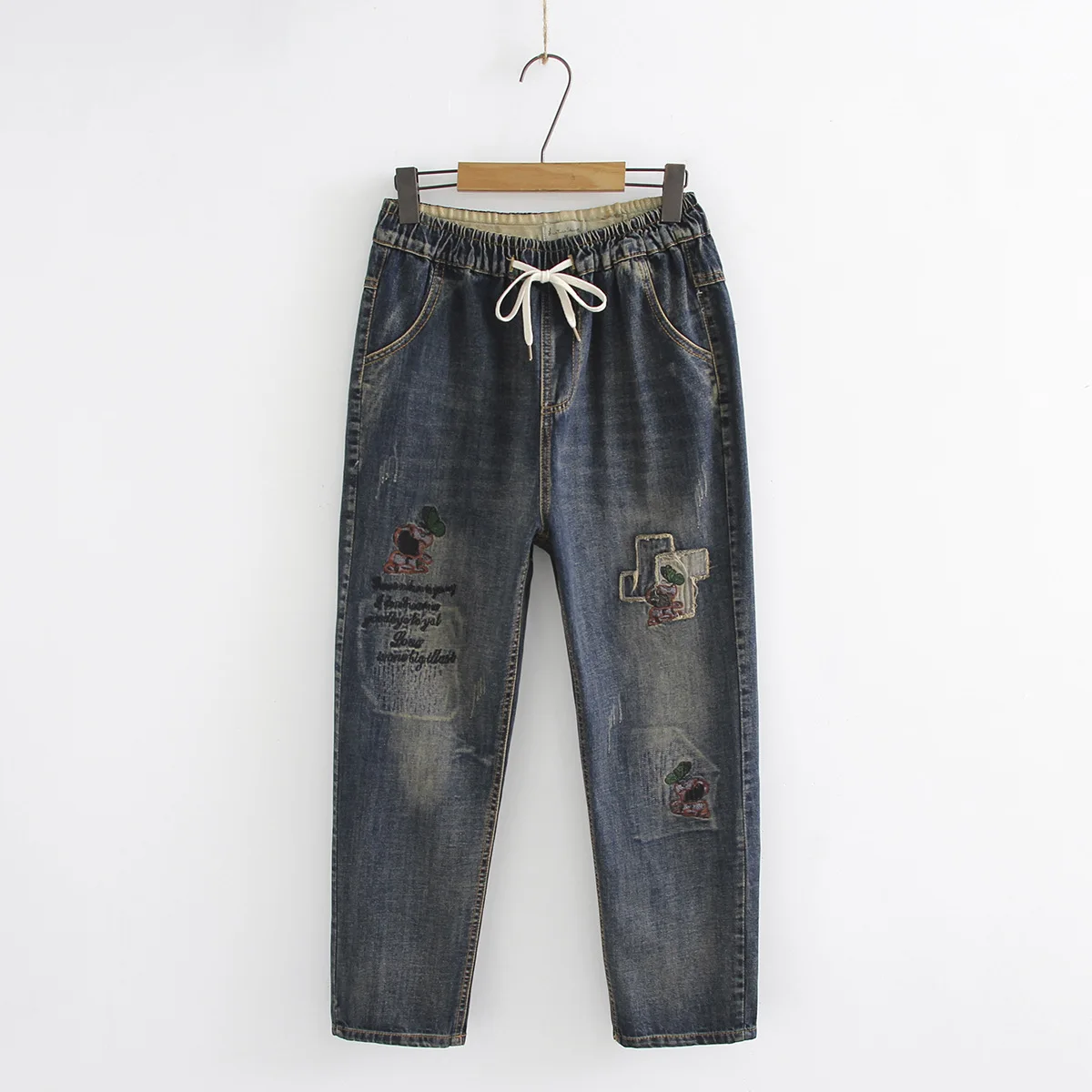 

Art Style Patchwork Cartoon Embroidery Loose Vintage Women Jeans Elastic Waist Denim Ladies Harem Pants jeans mujer