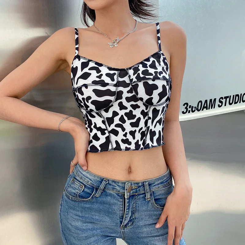 

Momoland Women Summer Cow Print Cropped Top Sleeveless Y2K Egirl Harajuku Camis Backless Bandana Streetwear Vintage Sexy Strap