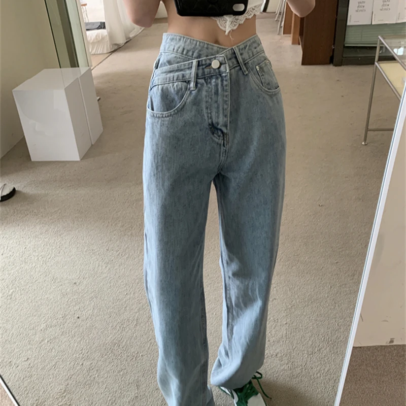 

New 2021 Summer Fashion Blue Baggy Straight Buckle Women's Jeans High Waist Straight Ladies Casual Wide Leg Denim Pants
