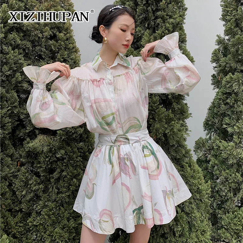 

XIZIHUPAN Sweet Two Piece Set For Women Lapel Lantern Long Sleeve Print Shirt Ruched A Line Mini Skirt Elegant Sets Female 2021