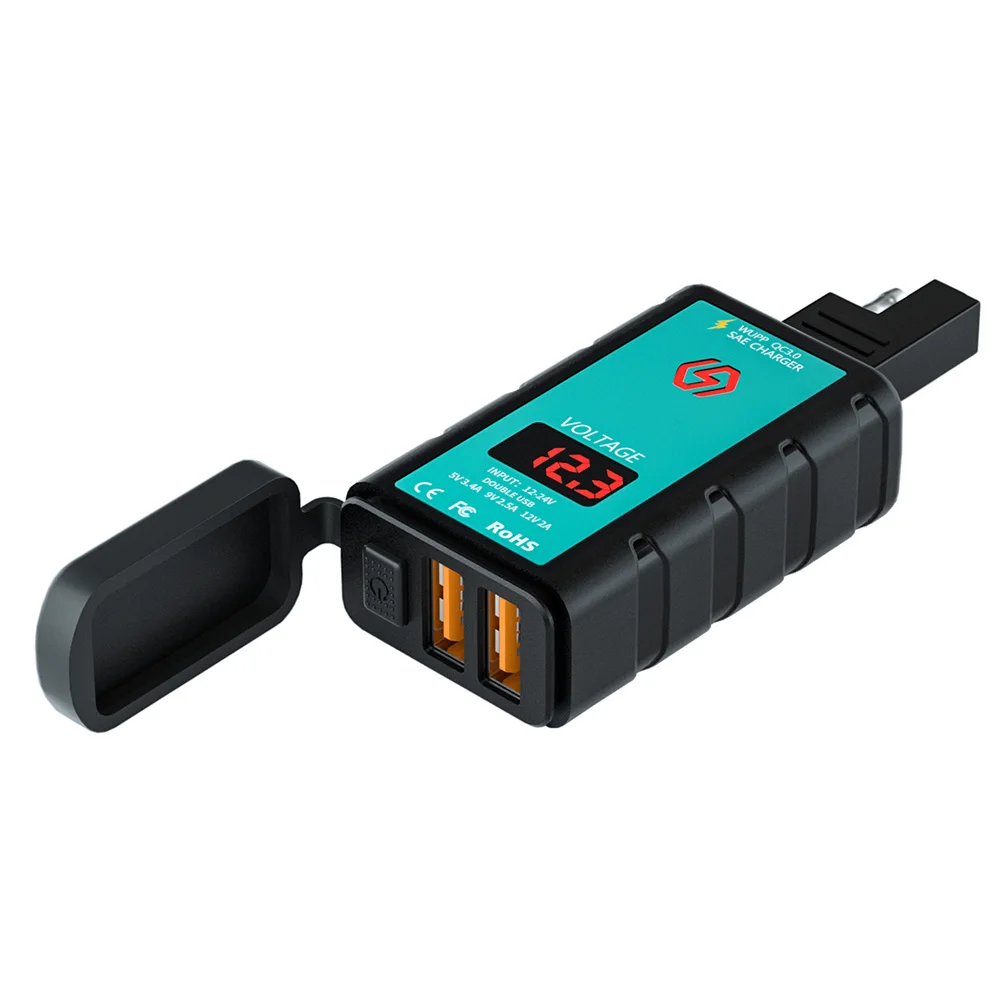 

ZH-1422A3 Fast Charger Dual Port Motorcycle Waterproof SAE to USB Adapter Voltmeter ON/Off Switch for Motorbike Power Socket