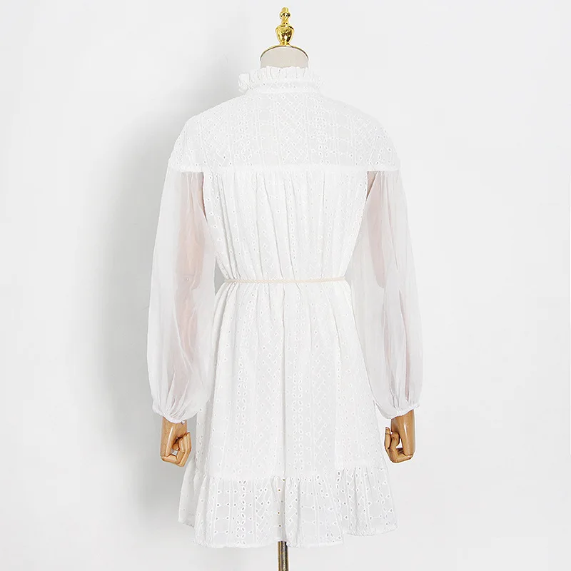 

Spring and Summer New Chiffon Temperament Commute Stand Collar Long Sleeve Lace-up Large Swing Ruffled Short Dress