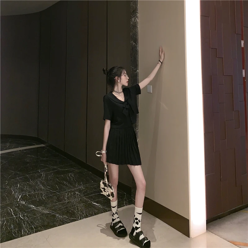 Студенческая девочка 2020 Летний новый японский топ с бантом + плиссированная юбка