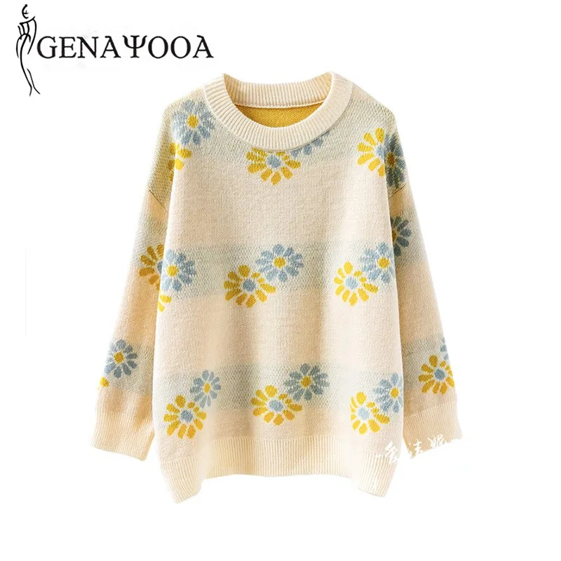 

Genayooa Vintage Sweater Pullover Women Floral Neck Long Sleeve Knitted Sweater Women Loose Soft Warm Ladies Jumper Korean Chic