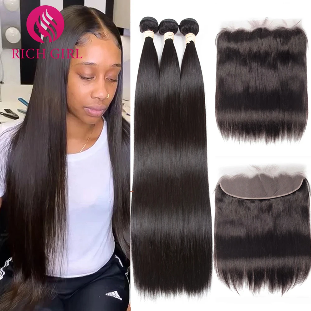40 Inch Straight Bundles With Closure Brazilian Hair Weave 3 Bundles With 4x4 5x5 6x6 Closure Human Hair Bundles With Frontal