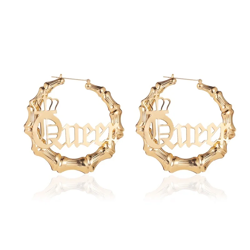 

Hot sale earrings Queen letters exaggerated round bamboo big ear hoop earrings women's atmospheric English letter queen earrings