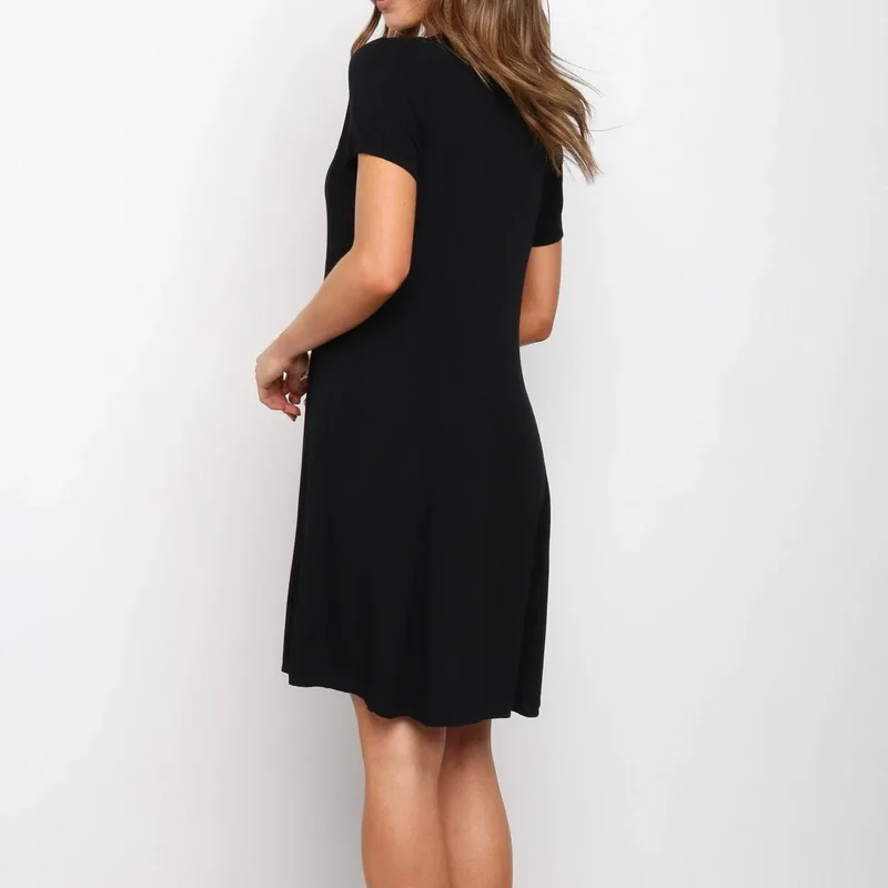 

Women Ladies Spring Summer Solid Color Casual V-Neck Solid Color Buttons Versatile Short Sleeves and Elegant Dress vestidos