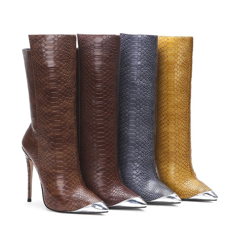 Snakeskin high heeled boots high heeled women's shoes big size pointed thin high heeled knee ankle boots