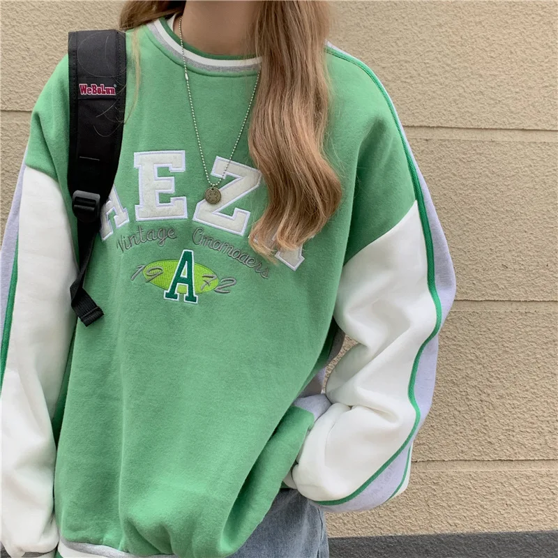 

Harajuku Crewneck Sweatshirt Lettered Embroidery Printing Loose Korean Pullovers Winter Plus Velvete Thick Fashion Sweatshirt