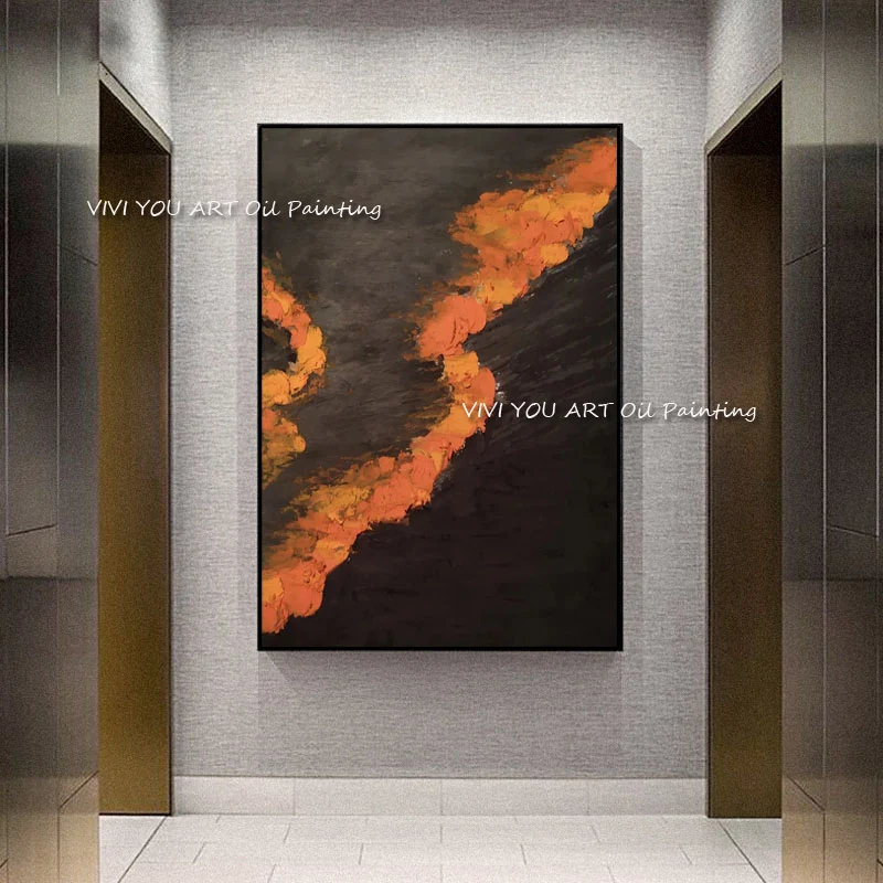 

The Best Black Fire Orange Brown Painting Hand Painted Modern Large Abstract Oil Painting Canvas Picture Living Room Home Decor