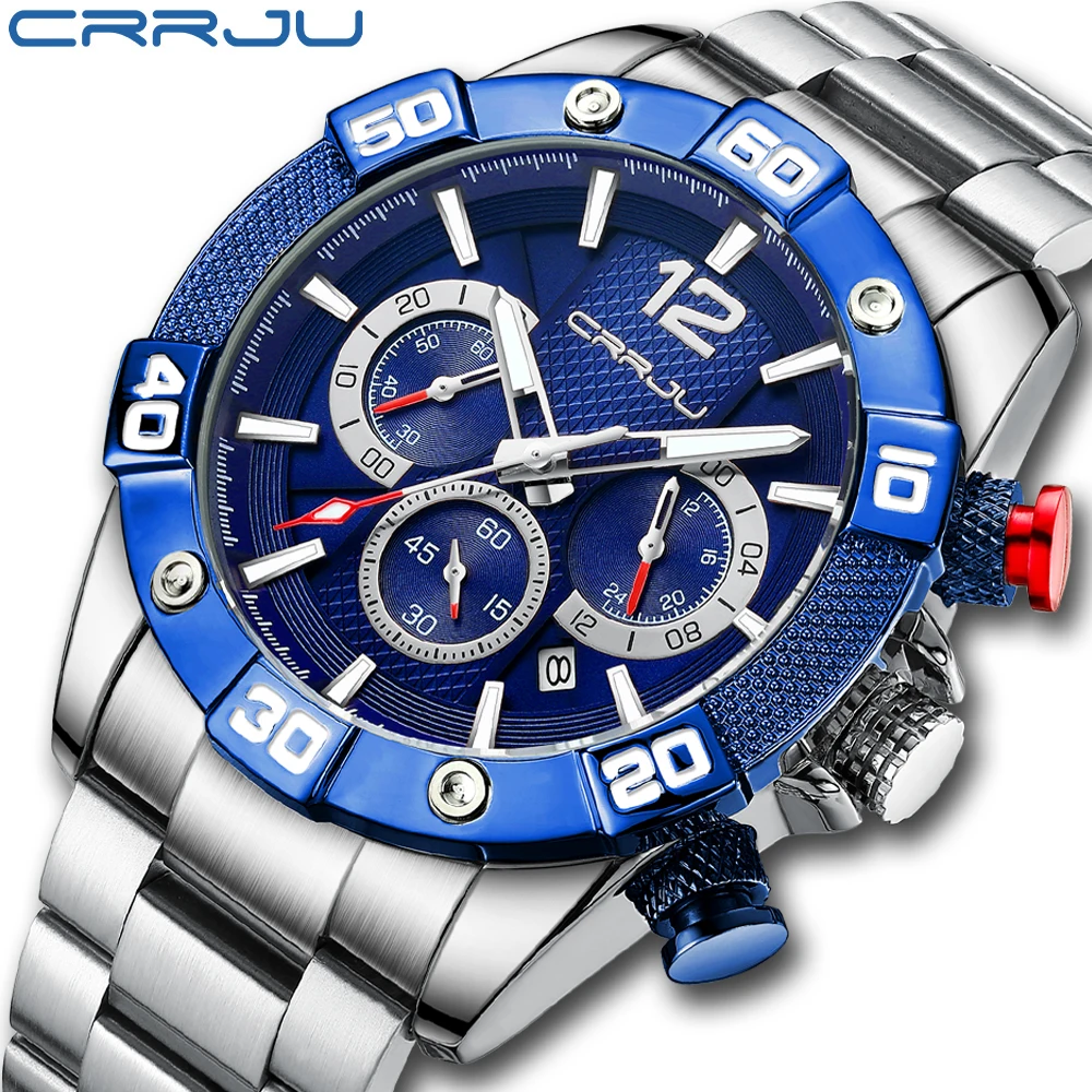 

CRRJU Men's Watches Casual Quartz Chronograph Stainless Steel Band Wristwatch Clock With Luminous Pointers Relogio Masculino