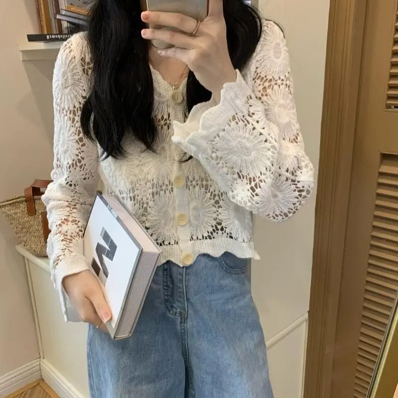 Small knitted cardigan women's spring and autumn short high-waist western-style jacket with skirt shawl hollow out autumn