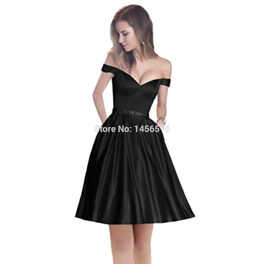 Black Short Новинка года; платья с открытым плечом; длинное атласное вечернее платье трапециевидной формы с бисером; vestido de festa - Цвет: Black Short