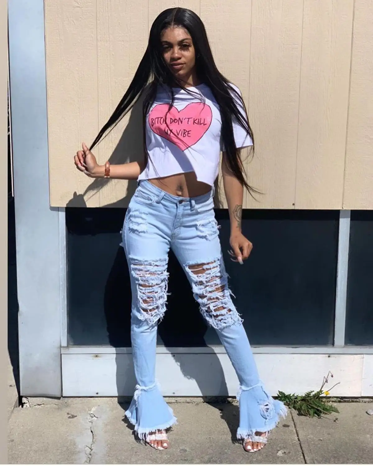 

OMILKA Tassel Ripped Flare Jeans 2020 Summer Woman High Waist Stretchy Denim Blue Pants Trousers Pencil Skinny Hole Jeans