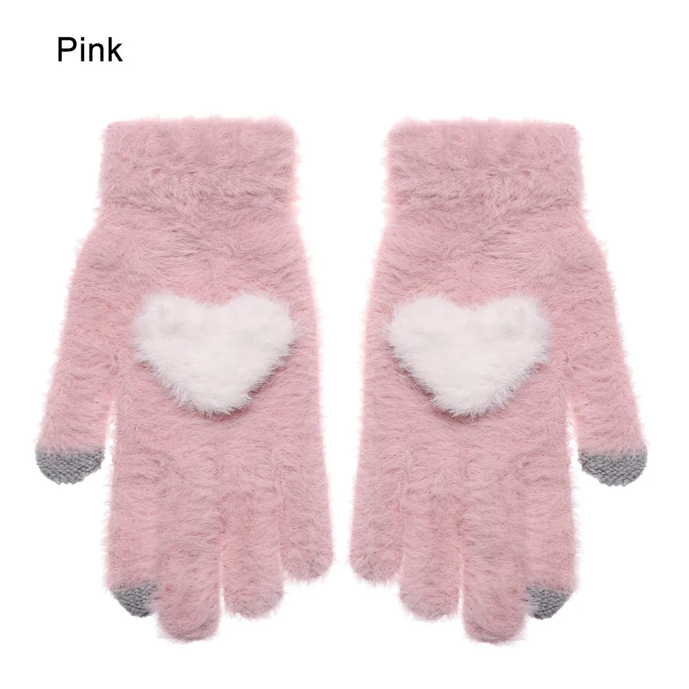 pink 1 пара, женские вязаные перчатки, зимние шерстяные теплые перчатки для девочек, милые мягкие розовые рукавицы с кроликом и сердцем, перчатки с сенсорным экраном, высокое качество - Цвет: pink