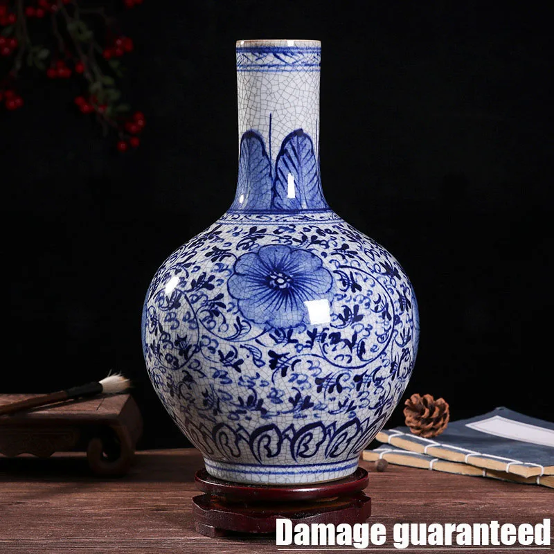

35cm Jingdezhen Blue And White Ceramic Vase wood base Ornaments Hand-painted Feather flower Pattern Antique Table vase