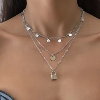 concise style copper sequins lock pendant necklace set women multilayer chains on neck fashion choker gift female jewelry sets