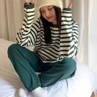 qweek striped pajamas women korean sleepwear autumn pijamas vintage green home clothes long sleeve pyjama bedroom set loungewear