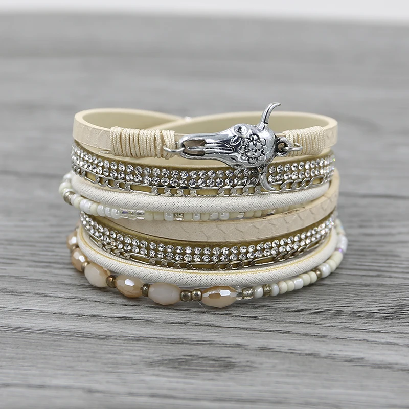 Браслет женский STRATHSPEY из белой кожи с натуральным камнем многослойный весенний