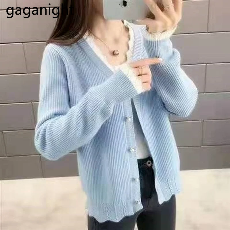 Gaganight Knitted Women Sweet Cardigan Autumn Winter Kawaii Japanese Outwear Tops Long Sleeves Fashion Lace Cardigans Solid Chic |