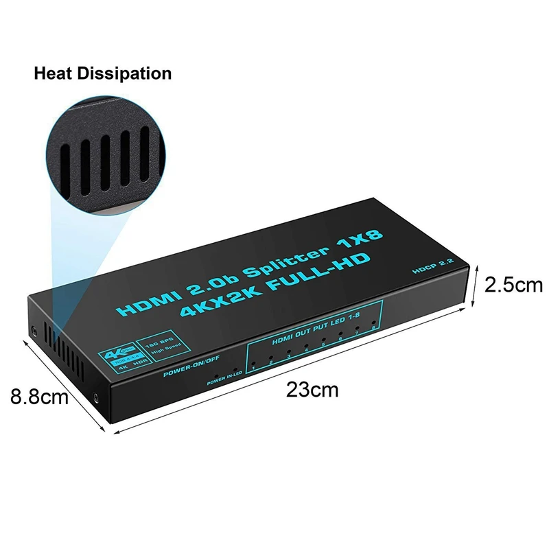 

HDMI2.0 Splitter 4K @ 60Hz HDMI One Input Eight Output Splitter EDID 8-Port HDMI Splitter for PC