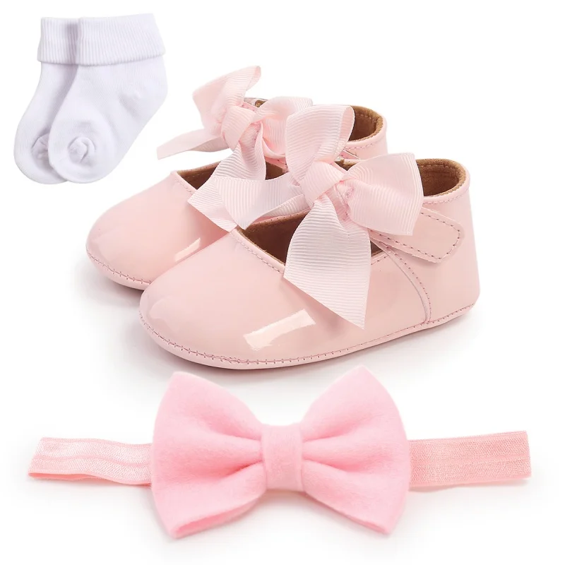 

3 Pcs Ins Suit Autumn Baby Girl Cute Crib Shoes Baby Girl Bowknot Toddler Shoes + 1 Headband + 1 Socks Walking Shoes 0-18M