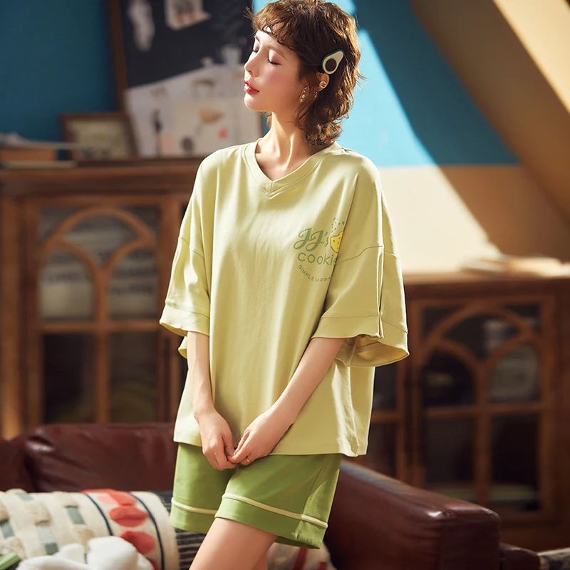 Женская свободная Пижама BZEL повседневная зеленая пижама больших размеров с