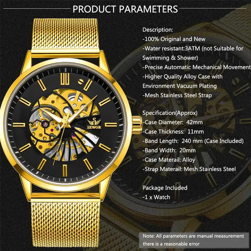 Часы наручные SEWOR Мужские механические брендовые Роскошные спортивные
