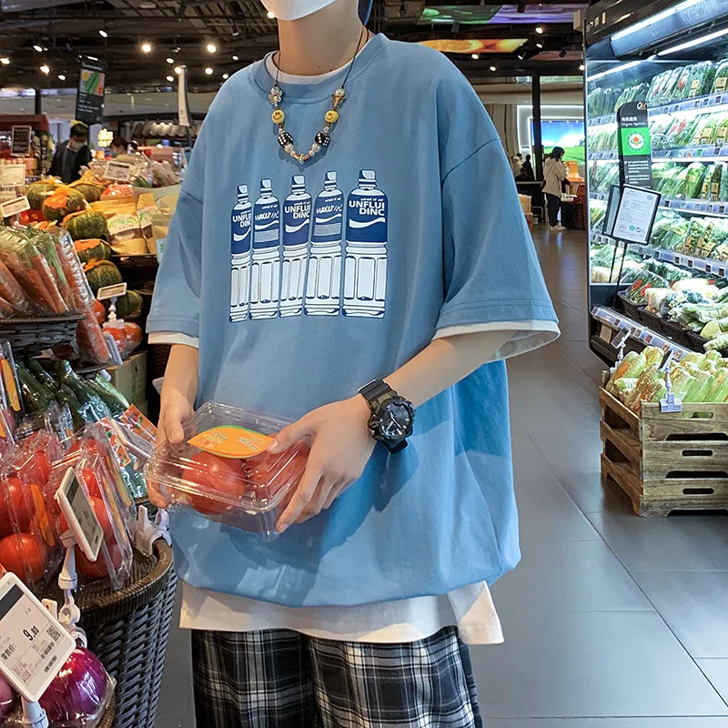 

Футболка мужская с коротким рукавом, модный топ, Молодежная свободная футболка с рукавом до локтя, стиль Харадзюку, искусственная уличная о...