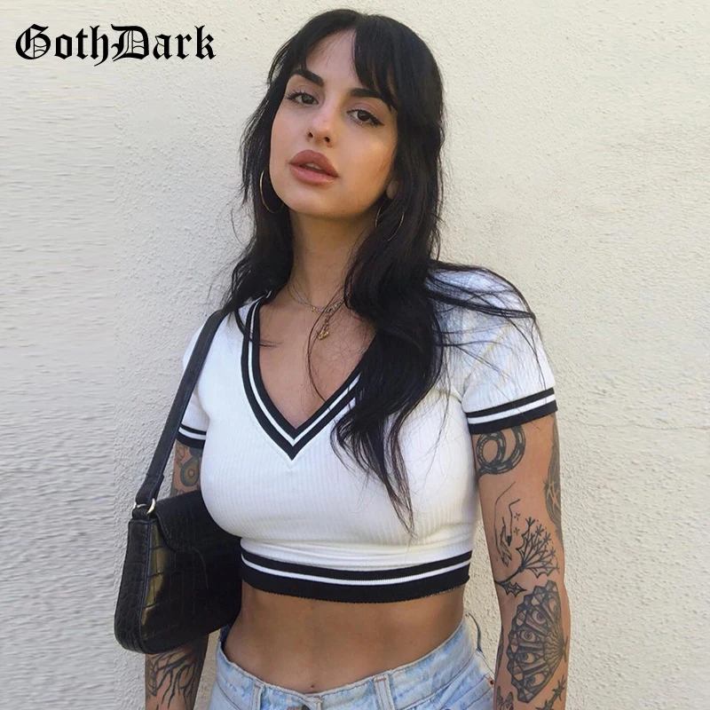 Goth Dark готическая Сексуальная летняя футболка с глубоким v образным вырезом белая