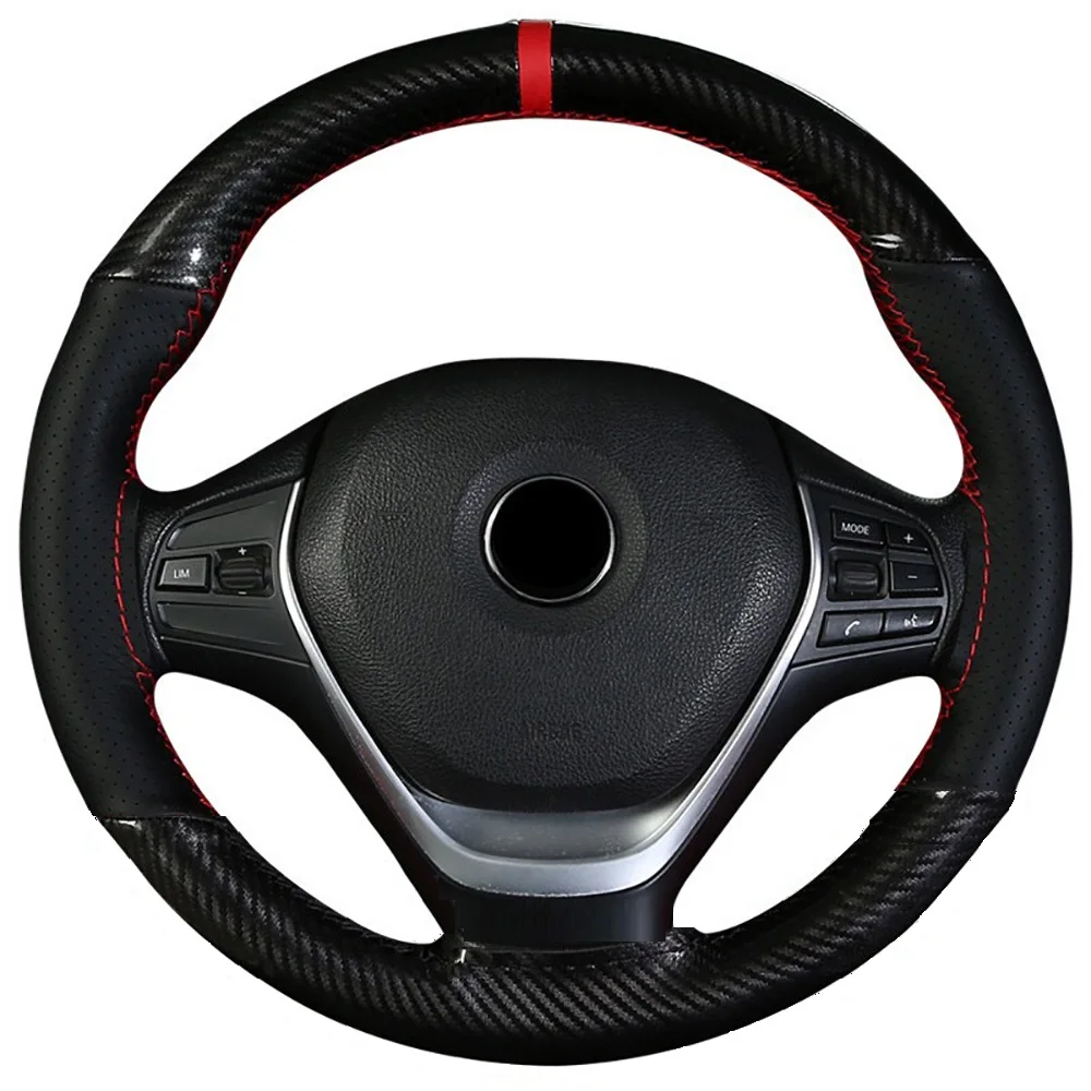 38CM Mixed Carbon Crystal Fiber and Microfiber Leather Black Hand-stitched Steering Wheel Cover Car Accessories