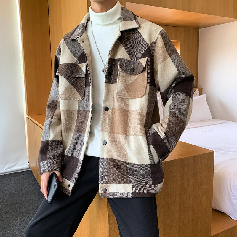 Зимнее шерстяное пальто Мужская модная повседневная Клетчатая Шерстяная куртка