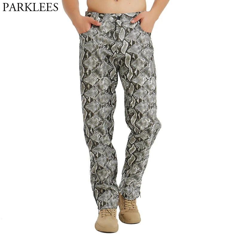 Сексуальные штаны из искусственной кожи со змеиным узором Мужские в стиле хип