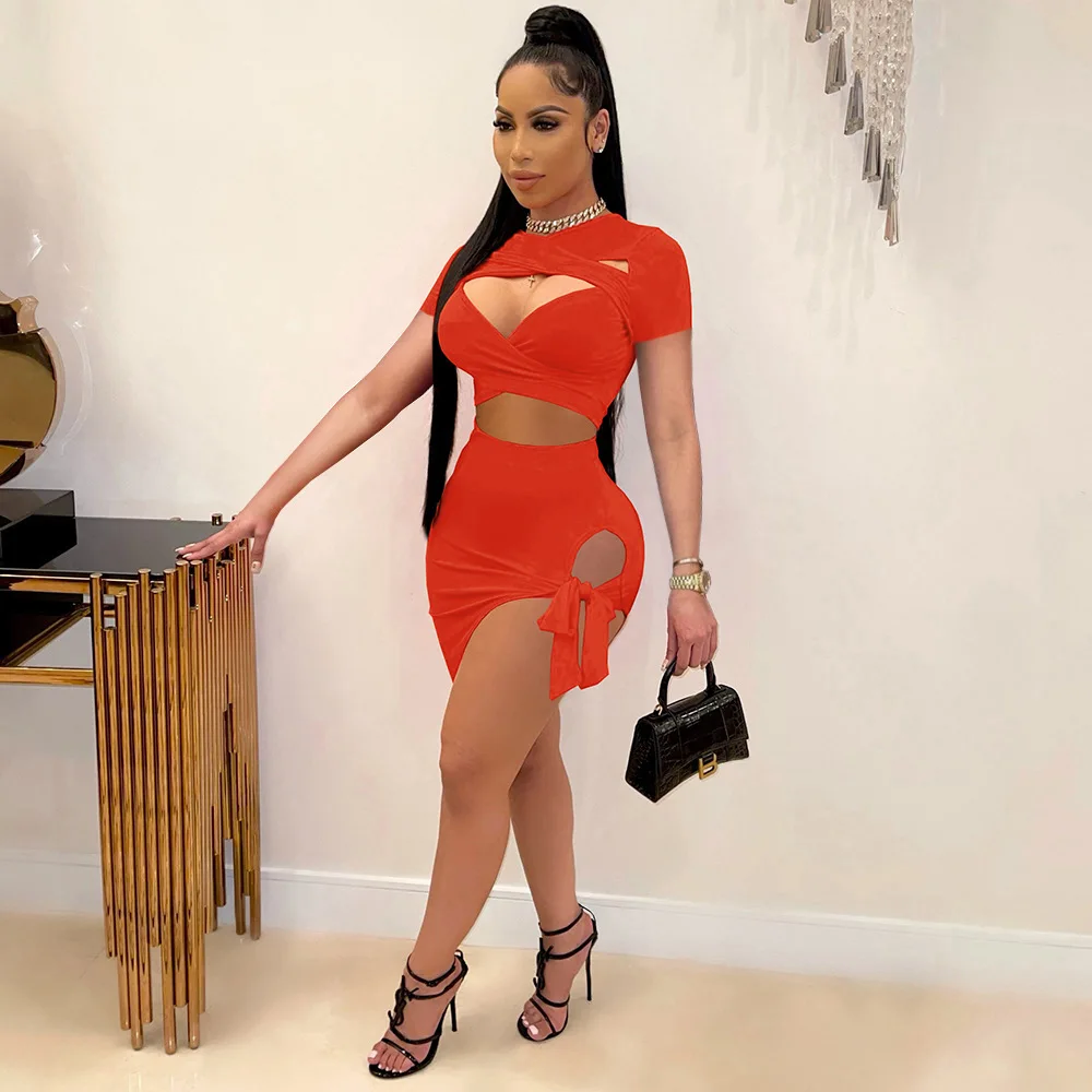 

2021 Cut Out Bandage Crop Top Elastic Waist Drawstring Skirts Sexy Short Sleeve T Shirt Irregular Mini Skirs Two Piece Set Women