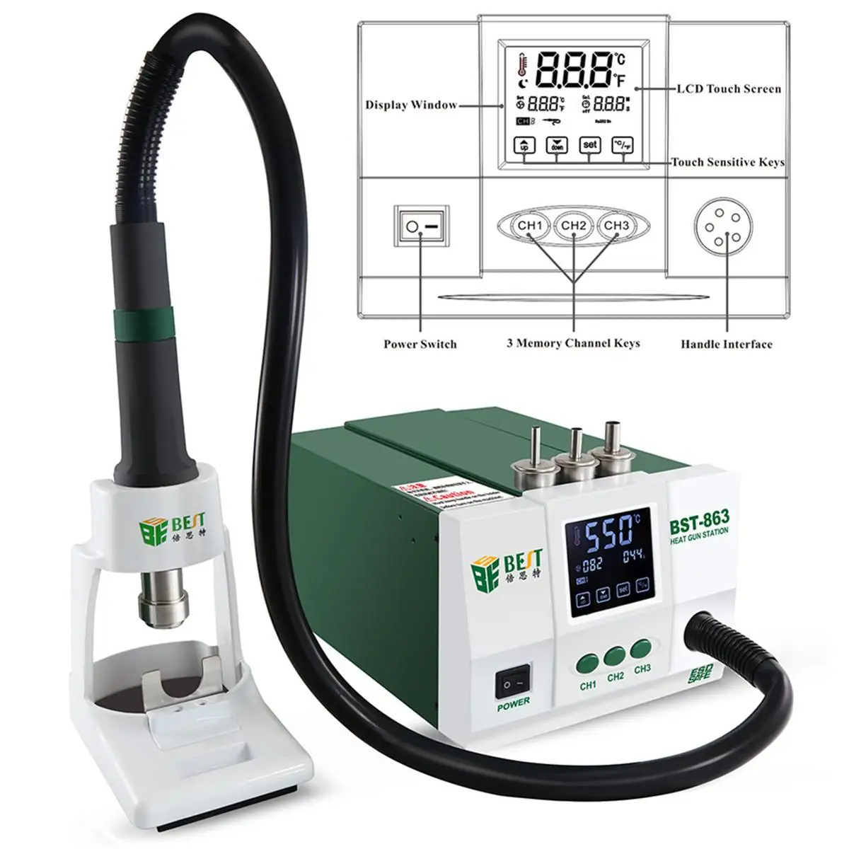 Лучшая BST-863 1200 Вт 220 В/110 В интеллектуальный сенсорный ЖК-экран Тепловая воздушная SMD паяльная станция контроль температуры