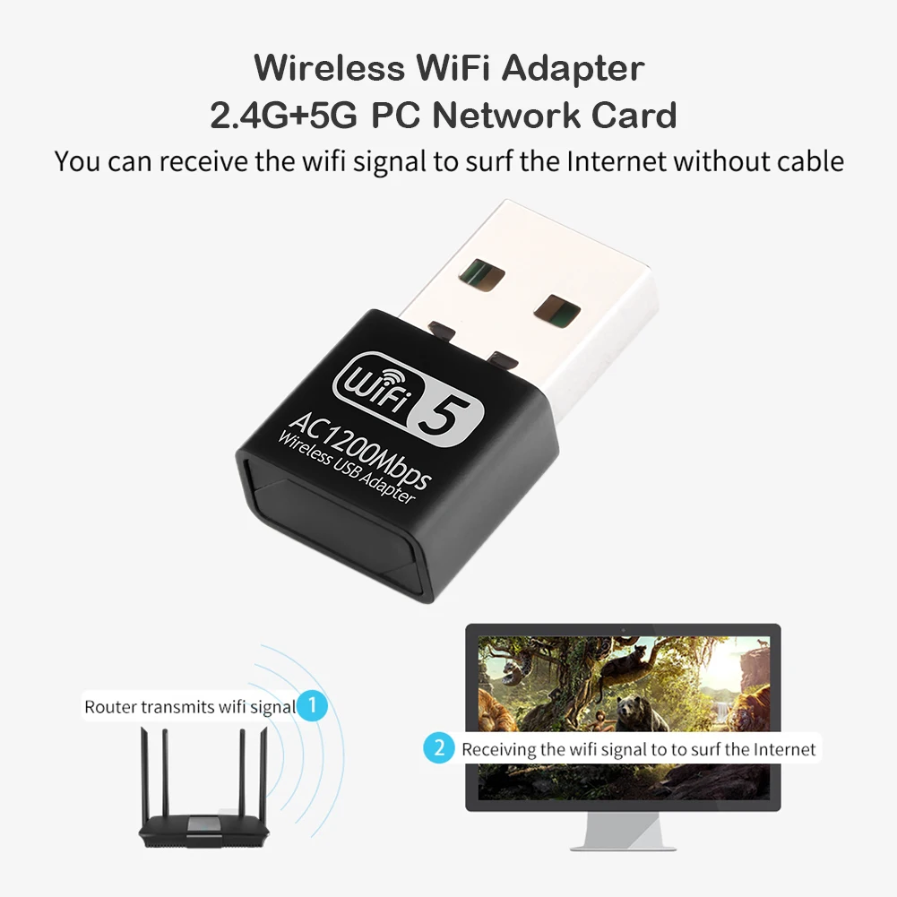 

1200Mbps Mini USB Wireless WiFi Adapter Dual Band 2.4G 5G High Speed Network Card RTL8812 802.11b/g/n Ethernet Receiver Dongle