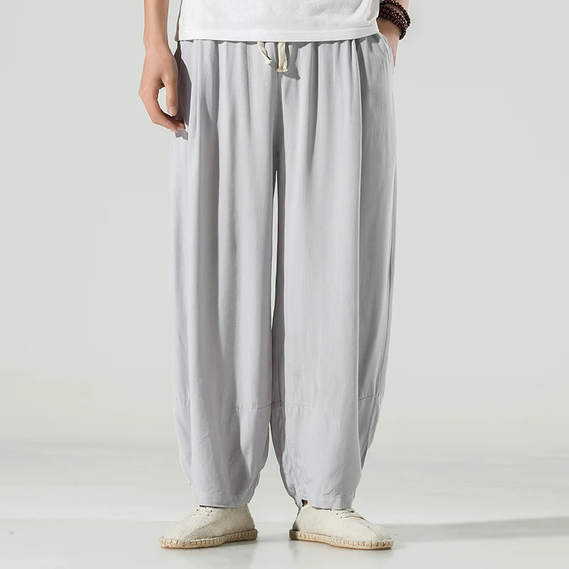 

M-5XL Mens Cotton Linen Pants Elastic Drawstring Waist Lounge Jogger Pants Vintage Streetwear Wide Leg Baggy Pants Man XXXXXL