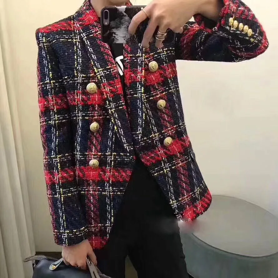

New 2018 the latest explosion of female coat line lattice weaving Tweed Wool double breasted jacket can customized big size