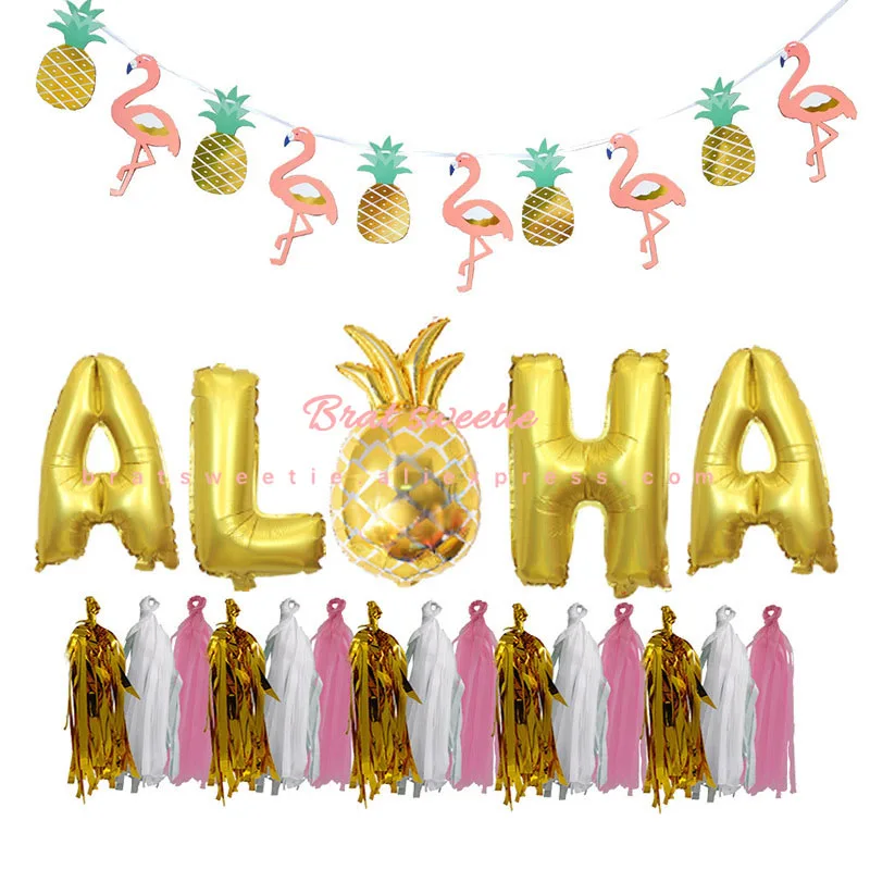 aloha balloon set Гавайские вечерние ожерелья с гавайским ожерельем, платье, юбка для стола, гирлянда с фламинго для девочек, аксессуары для дня рождения - Цвет: aloha balloon set