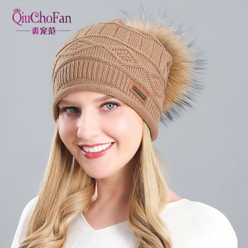 

Вязаная облегающая шапка с помпоном из натурального меха енота, мужская шапка, Толстая Женская облегающая шапка